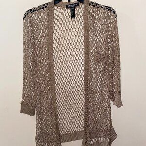 OPEN CARDIGAN IN TAN WITH GOLD THREE QUARTER SLEEVES HIGH LOW STYLE